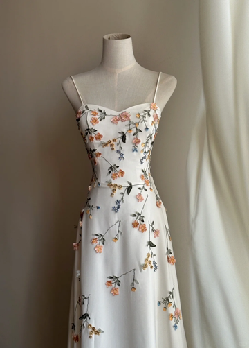 Elegant Floral A Line Spaghetti Strap White Satin Long Prom Dress Formal Dress 16th Birthday Dress HZ1023